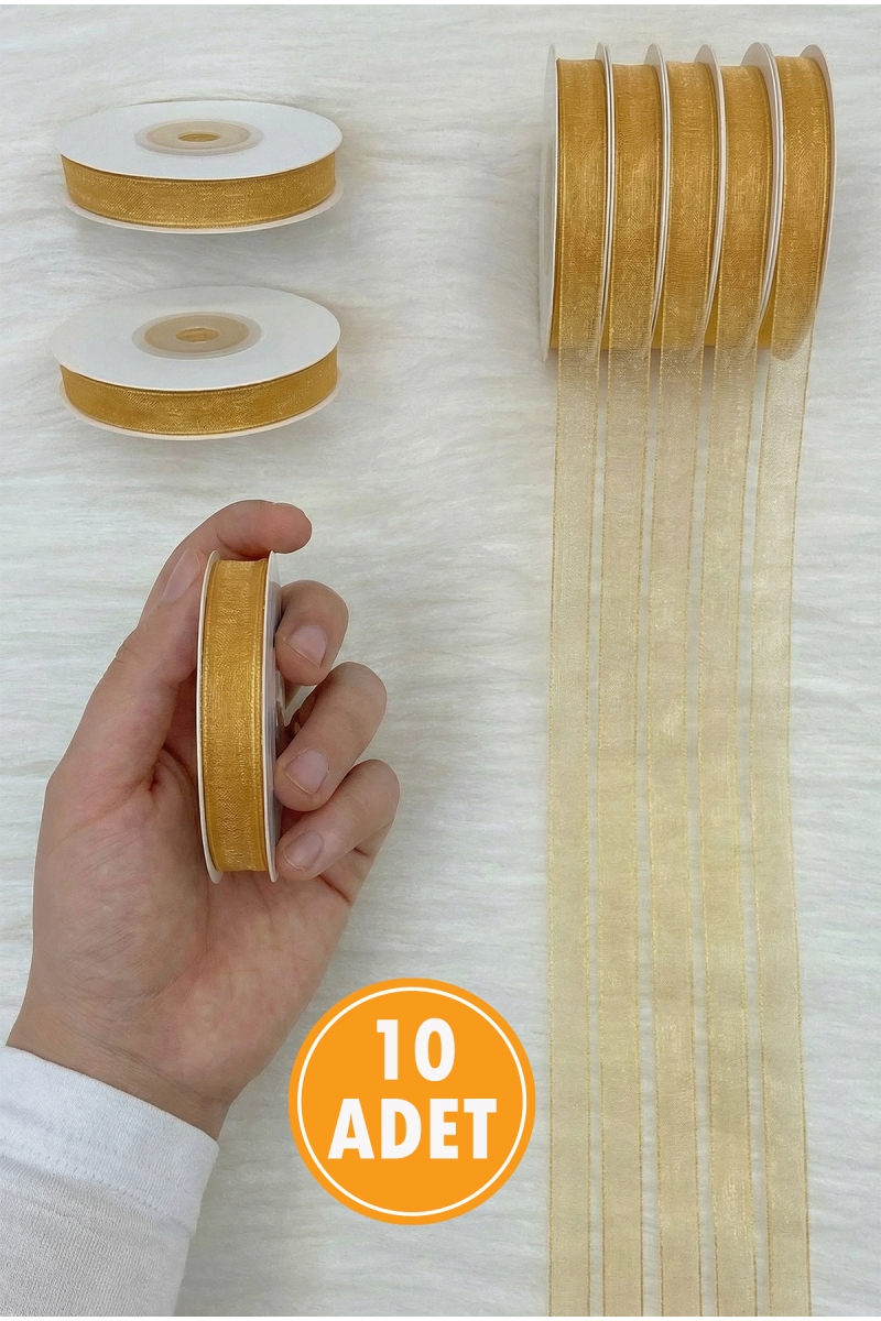 10 Adet Organze Tül Kurdele Açık Kahverengi 1cm 22mt, Bohça, Çeyiz, Hediye, Paketleme, Süsleme Nikah