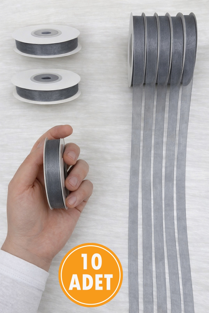 10 Adet Organze Tül Kurdele Gri 1 cm 22 mt, Bohça, Nişan, Çeyiz, Hediye, Paketleme, Süsleme, Nikah