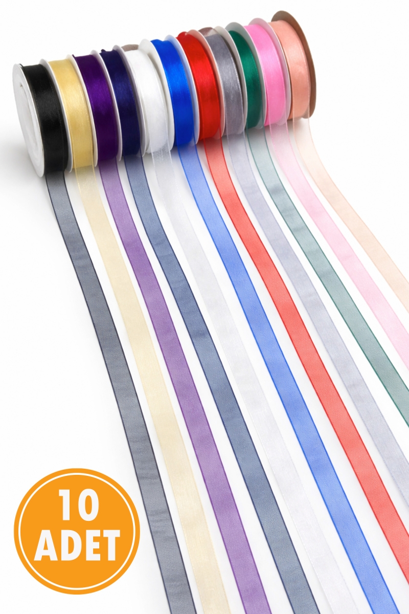 10 Adet Organze Tül Kurdele Karışık Renk 1cm 22mt, Bohça Nişan Çeyiz Hediye Paketleme Süsleme Nikah