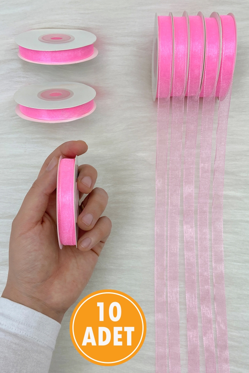 10 Adet Organze Tül Kurdele Neon Pembe 1cm 22mt, Bohça Nişan Çeyiz Hediye, Paketleme, Süsleme, Nikah