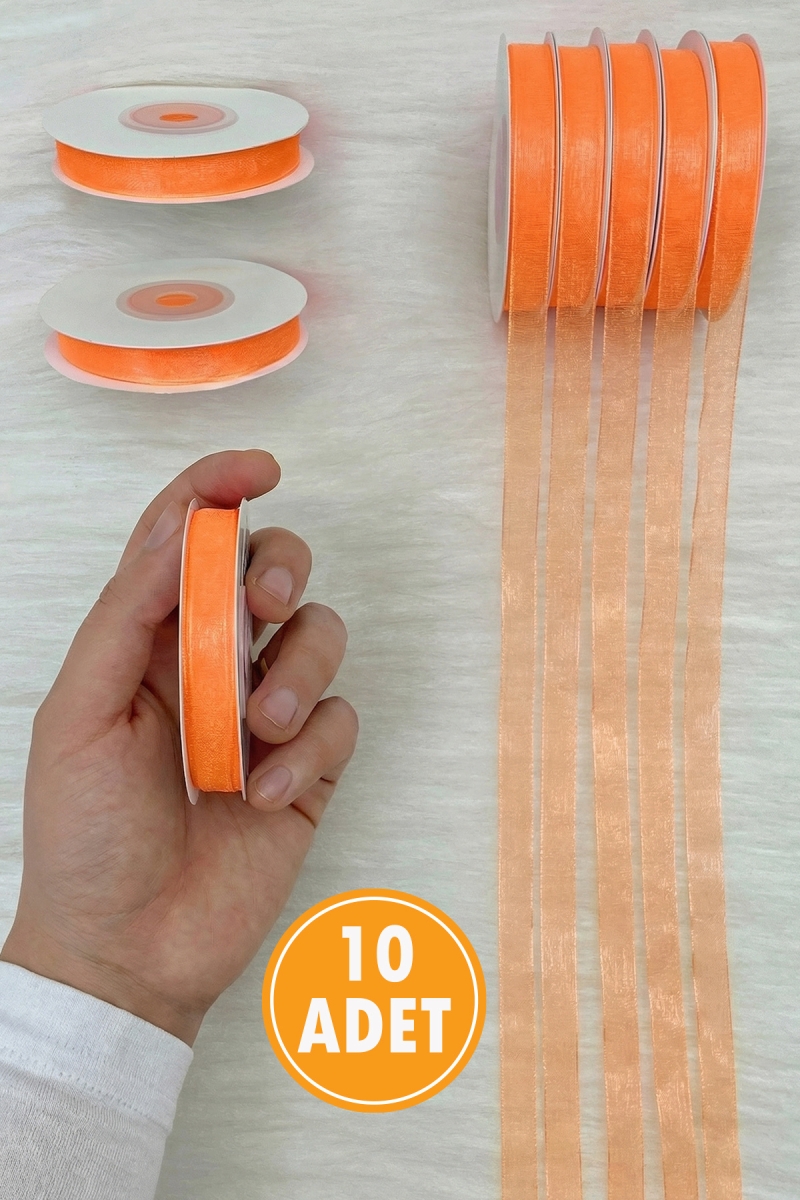 10 Adet Organze Tül Kurdele Somon 1 cm 22 mt, Bohça, Nişan, Çeyiz, Hediye, Paketleme, Süsleme, Nikah