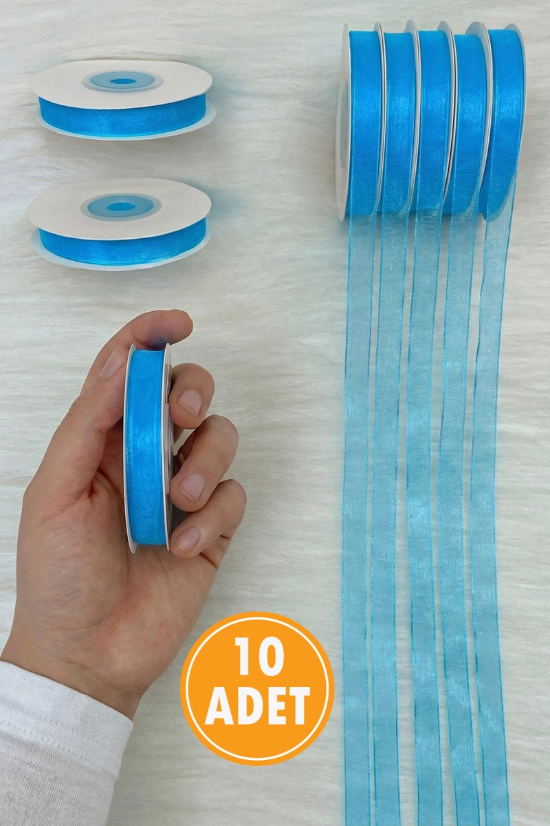 10 Adet Organze Tül Kurdele Sünnet Mavi 1cm 22mt, Bohça, Çeyiz, Hediye, Paketleme, Süsleme, Nikah