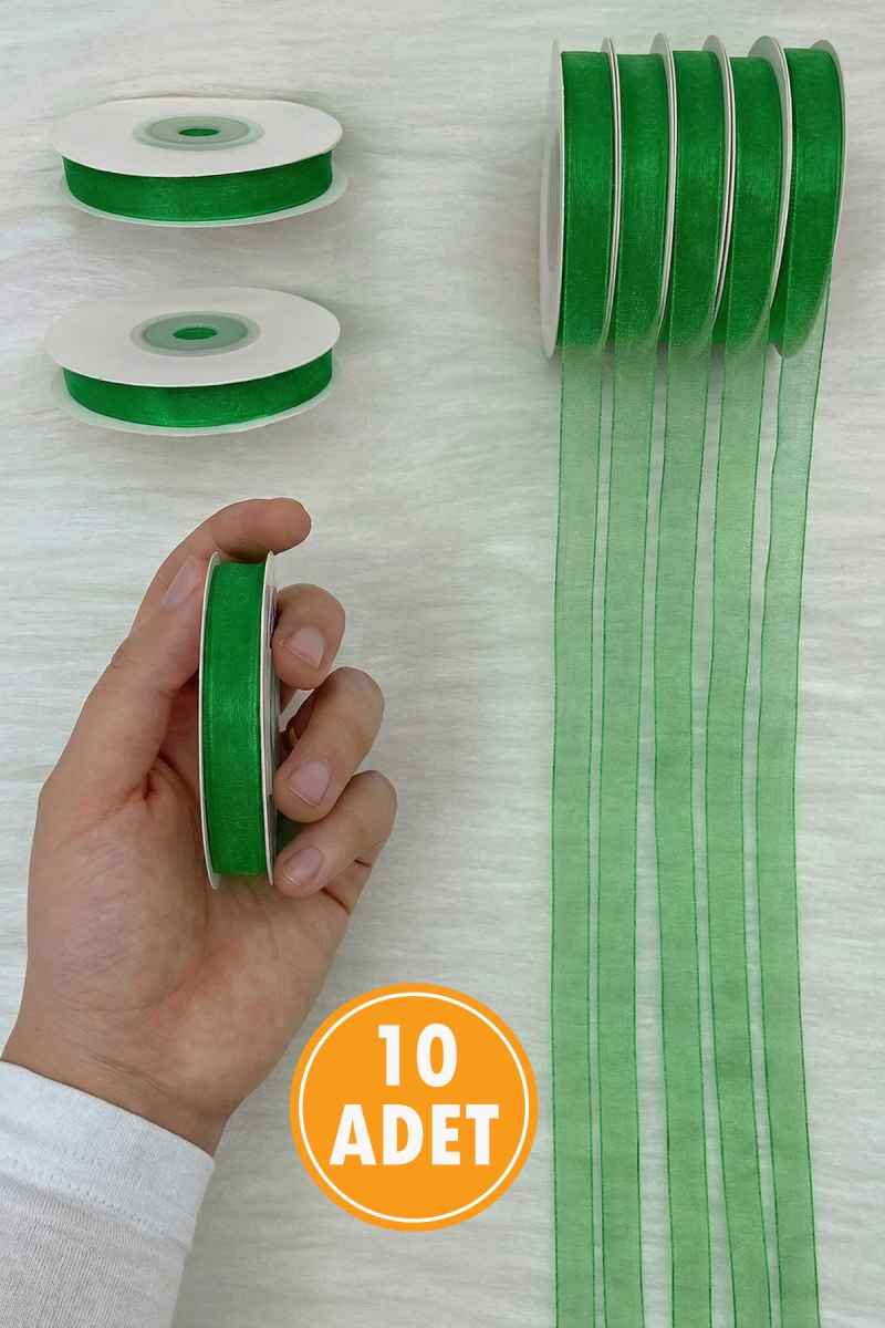 10 Adet Organze Tül Kurdele Yeşil 1 cm 22 mt, Bohça, Nişan, Çeyiz, Hediye, Paketleme, Süsleme, Nikah