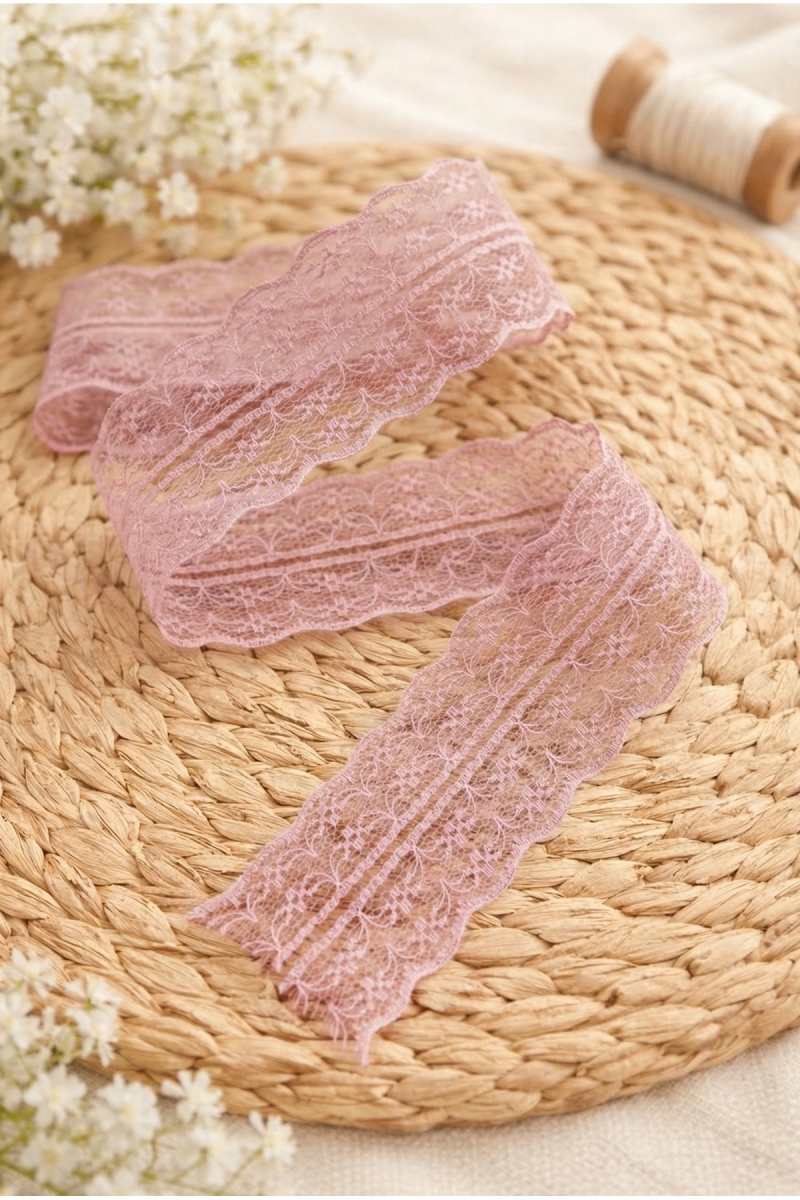 10 Mt Çift Katlı Dantel Kurdele Pudra Pembe Fisto, Bohça, Nişan, Çeyiz, Nikah, Hediye, Şeker Süsleme