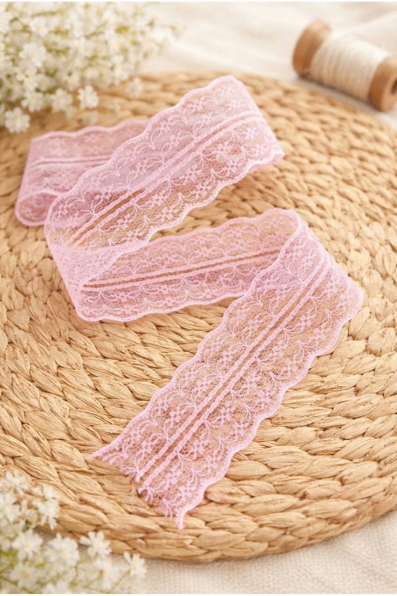 10 Mt Çift Katlı Dantel Kurdele Bebe Pembe Fisto, Bohça, Nişan, Çeyiz, Nikah, Hediye, Şeker, Süsleme