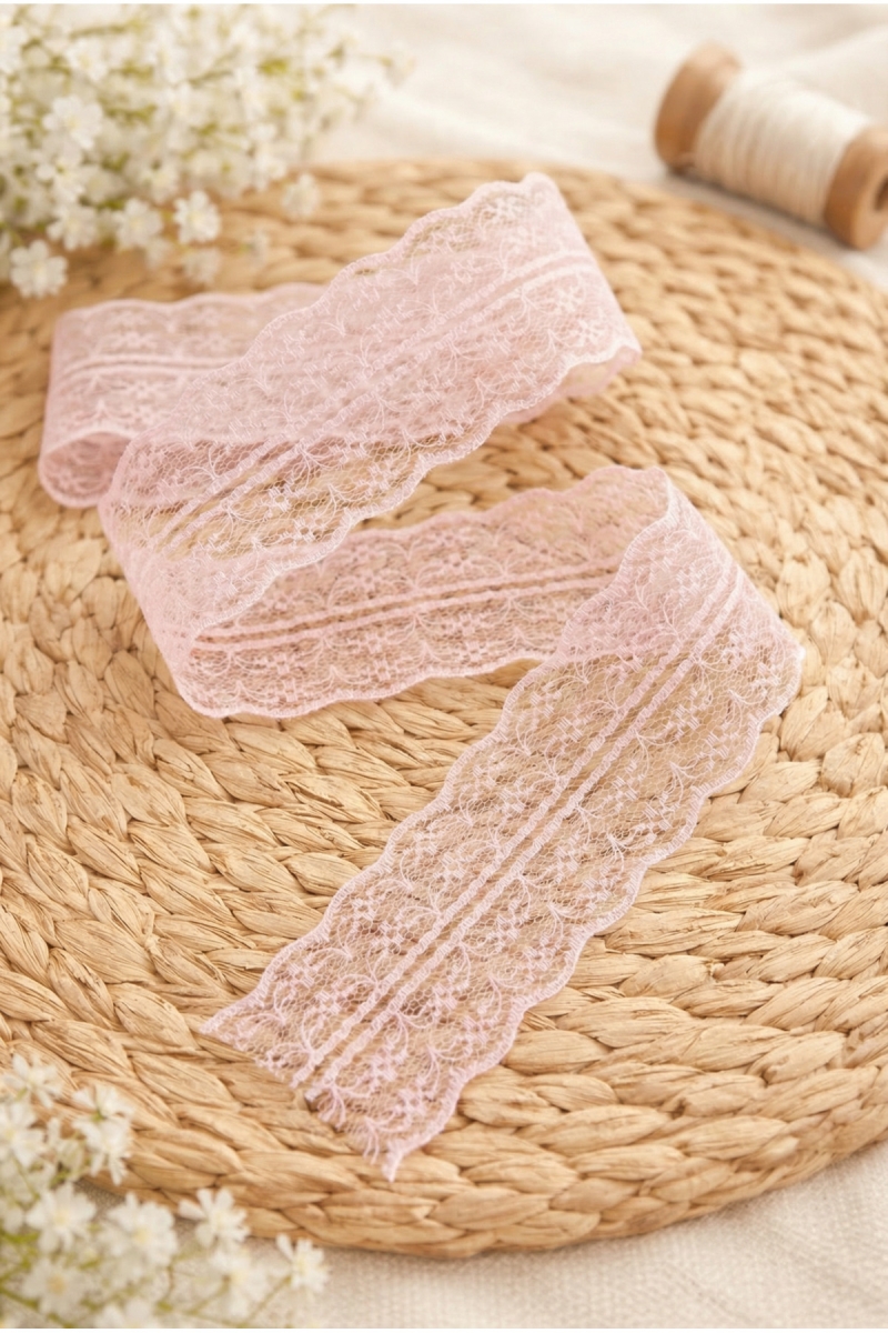 10 Mt Çift Katlı Dantel Kurdele Somon Pembe Fisto, Bohça, Nişan, Çeyiz, Nikah, Hediye, Şeker Süsleme