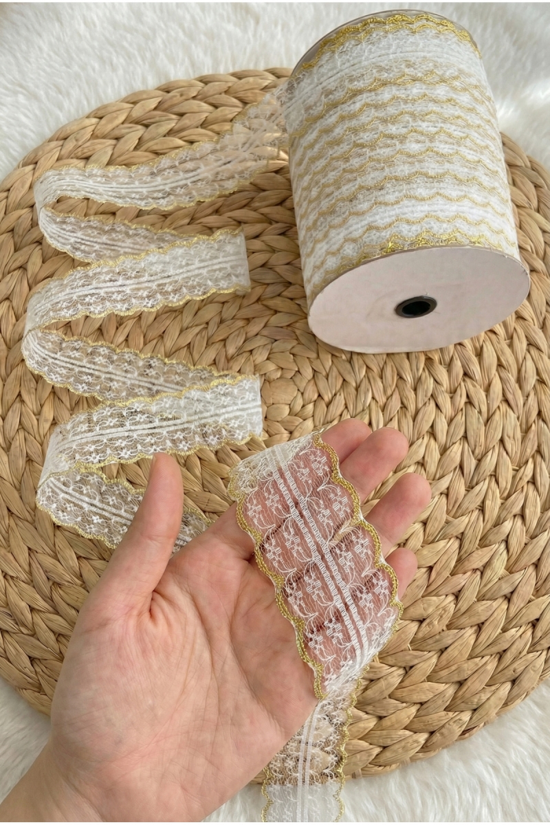 10 Metre Çift Katlı Dantel Kurdele Beyaz Gold Fisto, Bohça Nişan Çeyiz Nikah Hediye Şeker Süsleme