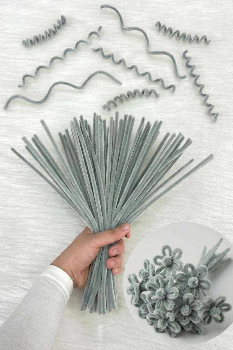 100 Adet Açık Gri Şönil 30cm, Tüylü Peluş Kadife Tel, El İşi, Çiçek, Hediye, Süsleme, Okul, Etkinlik