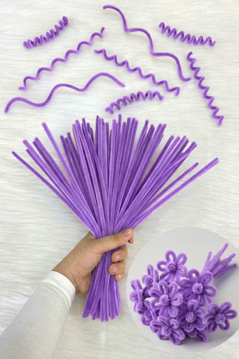 100 Adet Açık Lila Şönil 30cm, Tüylü Peluş Kadife Tel, El İşi, Çiçek, Hediye, Süsleme, Okul Etkinlik