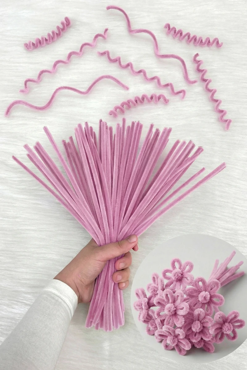 100 Adet Açık Pembe Şönil 30cm, Tüylü Peluş Kadife Tel, El İşi, Çiçek, Hediye, Süsleme Okul Etkinlik