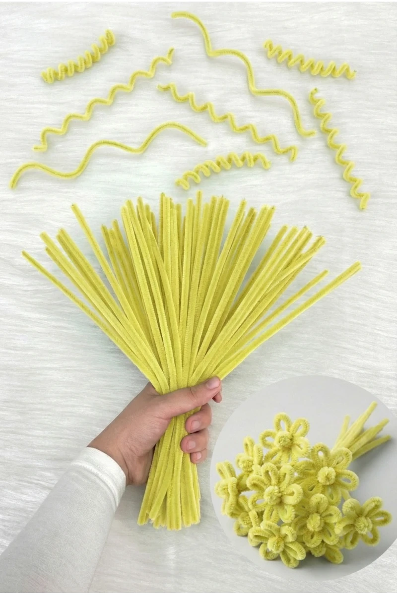 100 Adet Açık Sarı Şönil 30cm, Tüylü Peluş Kadife Tel, El İşi, Çiçek, Hediye, Süsleme, Okul Etkinlik
