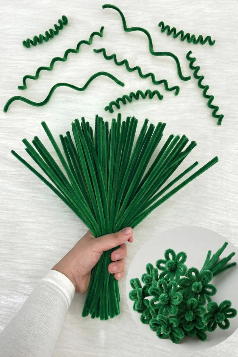 100 Adet Ağaç Yeşil Şönil 30cm, Tüylü Kadife Tel, El İşi, Çiçek, Hediye, Süsleme, Okul, Etkinlik