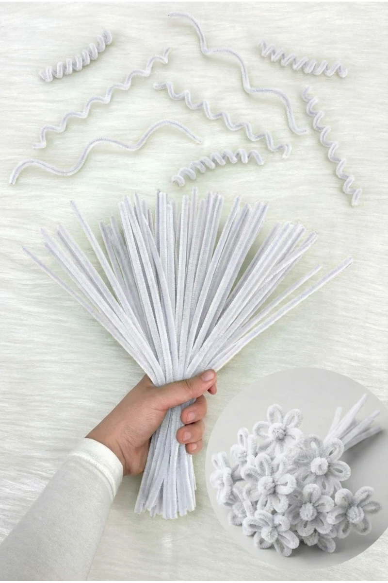 100 Adet Beyaz Şönil 30cm, Tüylü Peluş Kadife Tel, El İşi, Çiçek, Hediye, Süsleme, Okul, Etkinlik