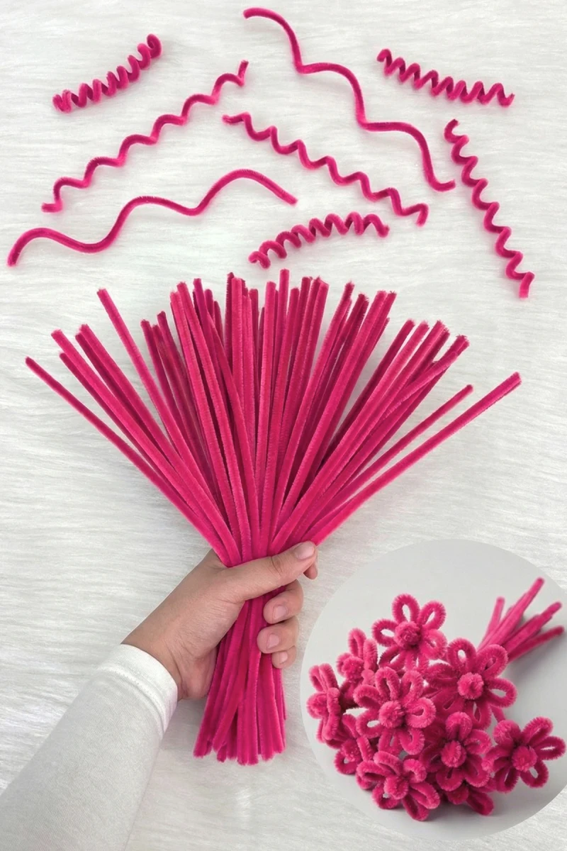 100 Adet Fuşya Şönil 30cm, Tüylü Peluş Kadife Tel, El İşi, Çiçek, Hediye, Süsleme, Okul, Etkinlik