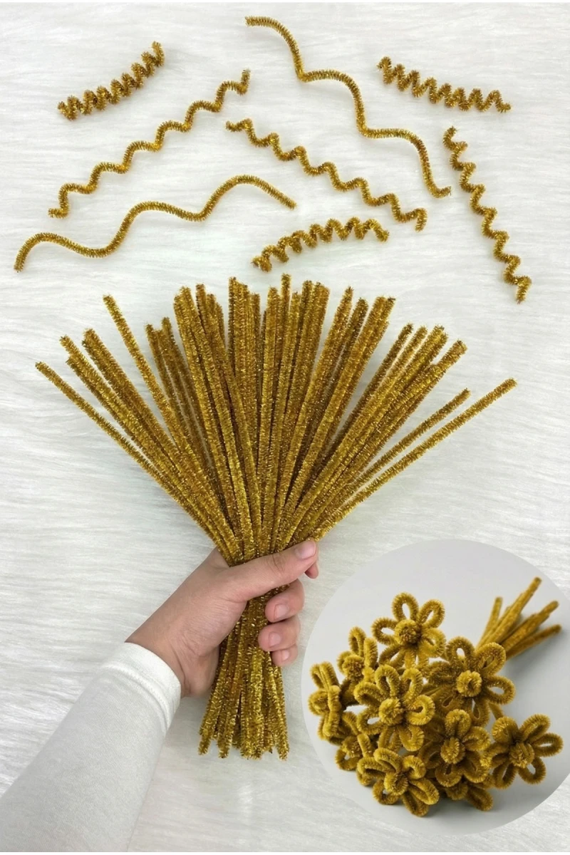 100 Adet Gold Simli Şönil 30cm, Tüylü Kadife Tel, El İşi, Çiçek, Hediye, Süsleme, Okul, Etkinlik
