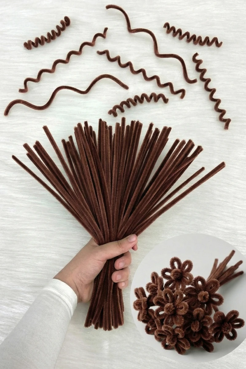100 Adet Kahverengi Şönil 30cm, Tüylü Peluş Kadife Tel, El İşi, Çiçek, Hediye, Süsleme Okul Etkinlik