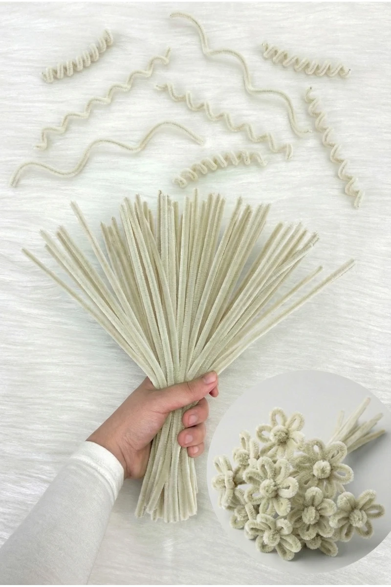 100 Adet Kirli Beyaz Şönil 30cm, Tüylü Kadife Tel, El İşi, Çiçek, Hediye, Süsleme, Okul, Etkinlik