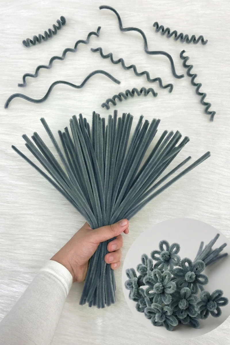 100 Adet Koyu Gri Şönil 30cm, Tüylü Peluş Kadife Tel, El İşi, Çiçek, Hediye, Süsleme, Okul, Etkinlik