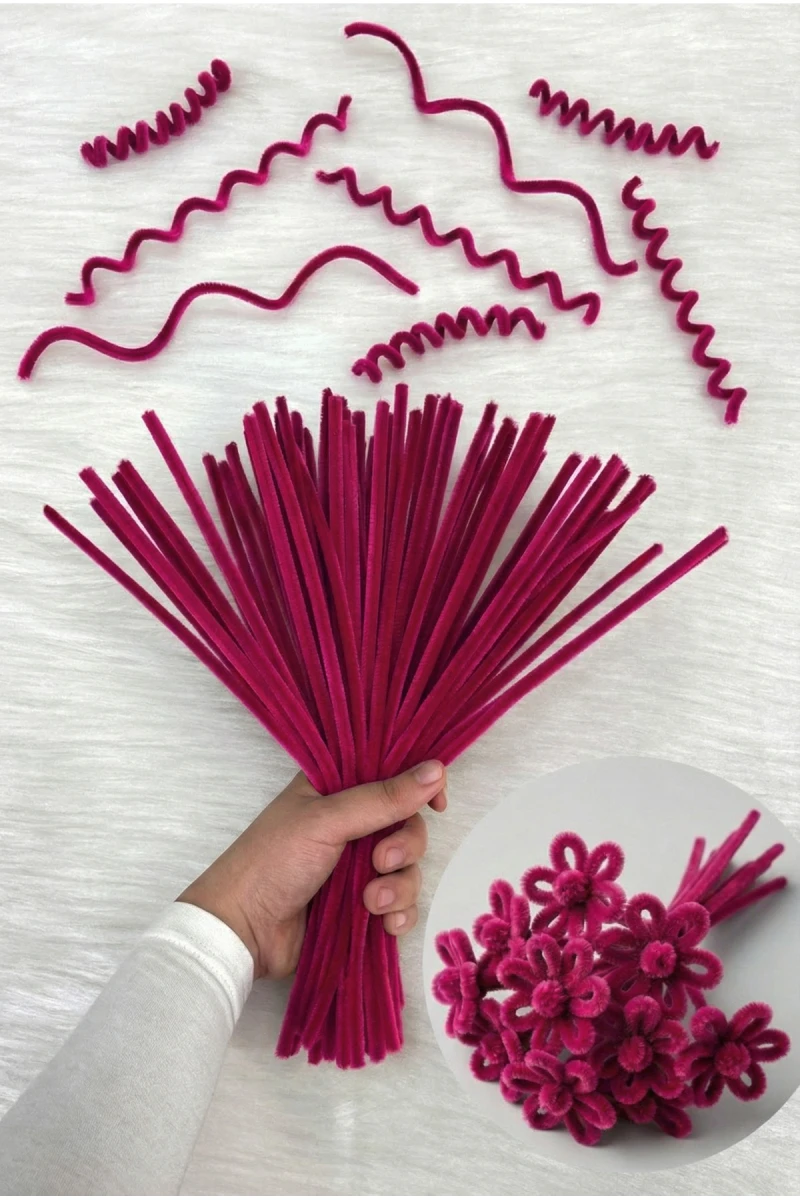 100 Adet Koyu Pembe Şönil 30cm, Tüylü Peluş Kadife Tel, El İşi, Çiçek, Hediye, Süsleme Okul Etkinlik