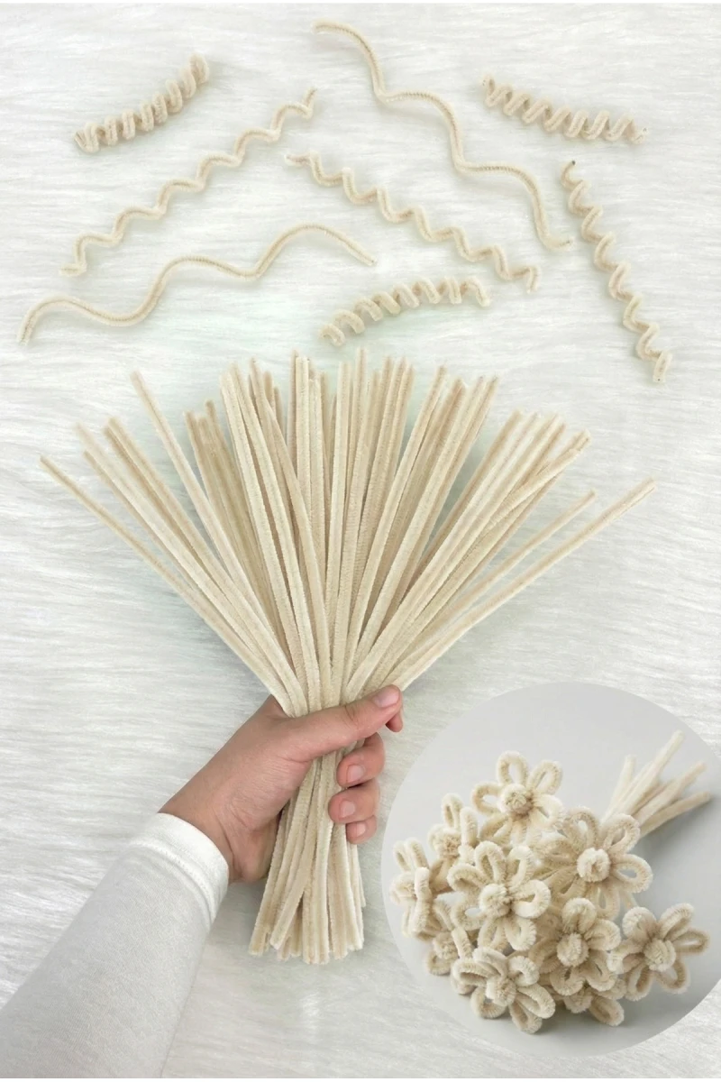100 Adet Krem Şönil 30cm, Tüylü Peluş Kadife Tel, El İşi, Çiçek, Hediye, Süsleme, Okul, Etkinlik