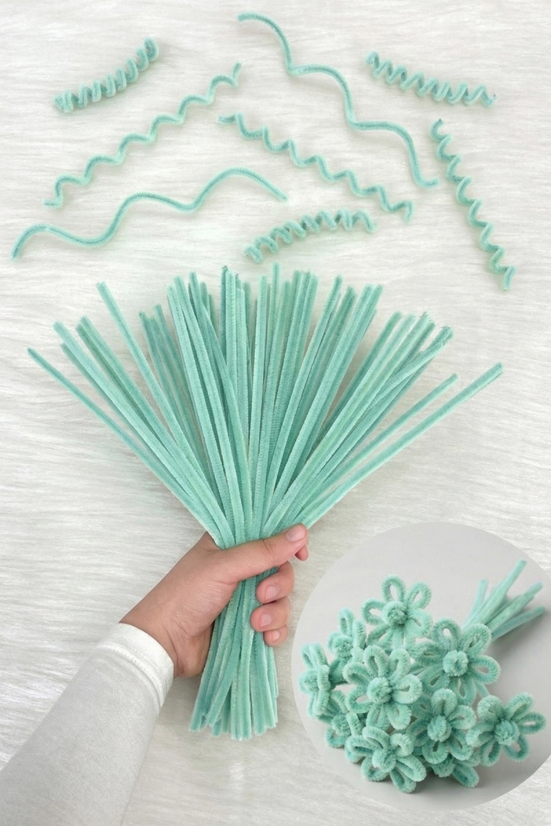 100 Adet Mint Şönil 30cm, Tüylü Peluş Kadife Tel, El İşi, Çiçek, Hediye, Süsleme, Okul, Etkinlik