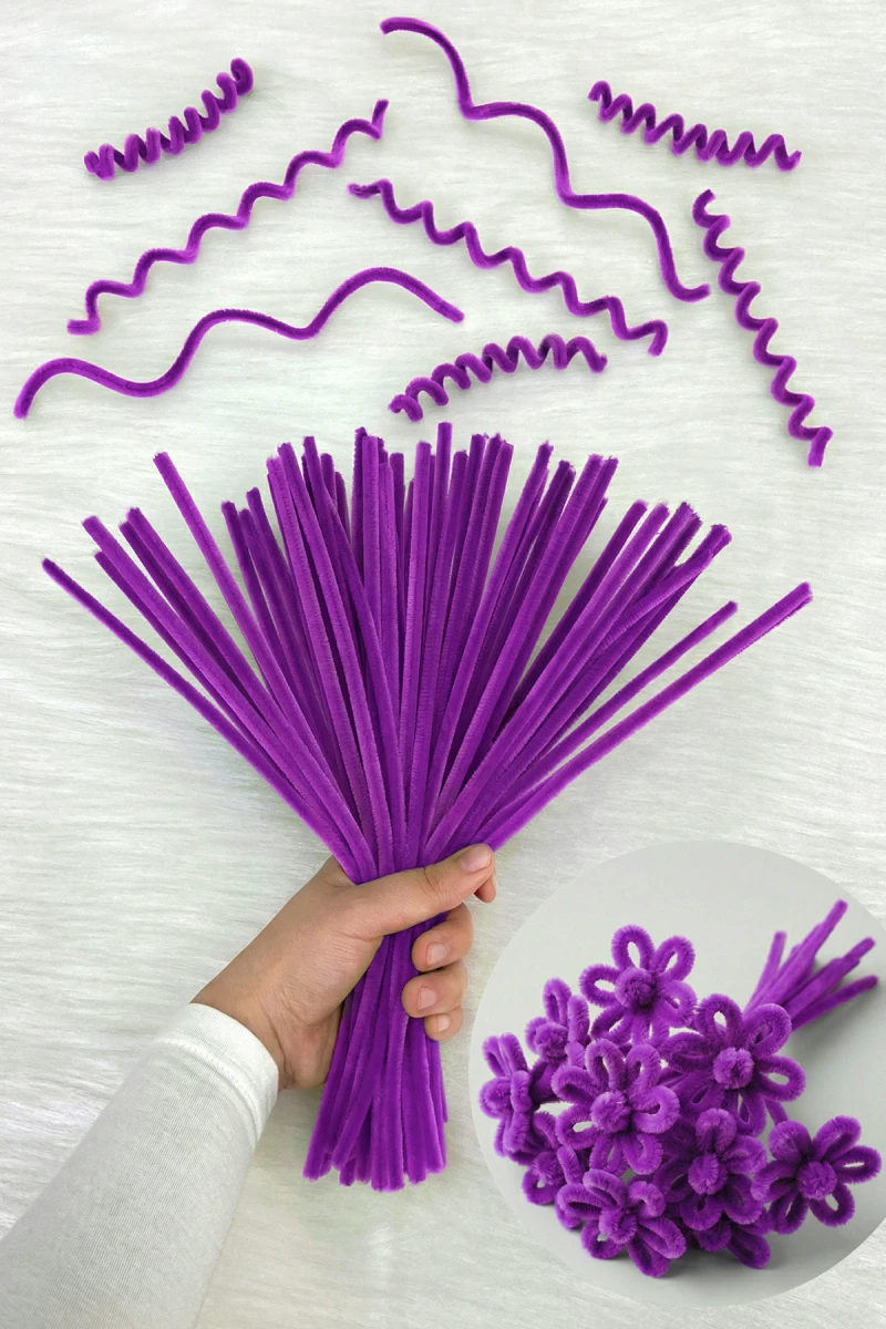 100 Adet Mor Şönil 30cm, Tüylü Peluş Kadife Tel, El İşi, Çiçek, Hediye, Süsleme, Okul, Etkinlik