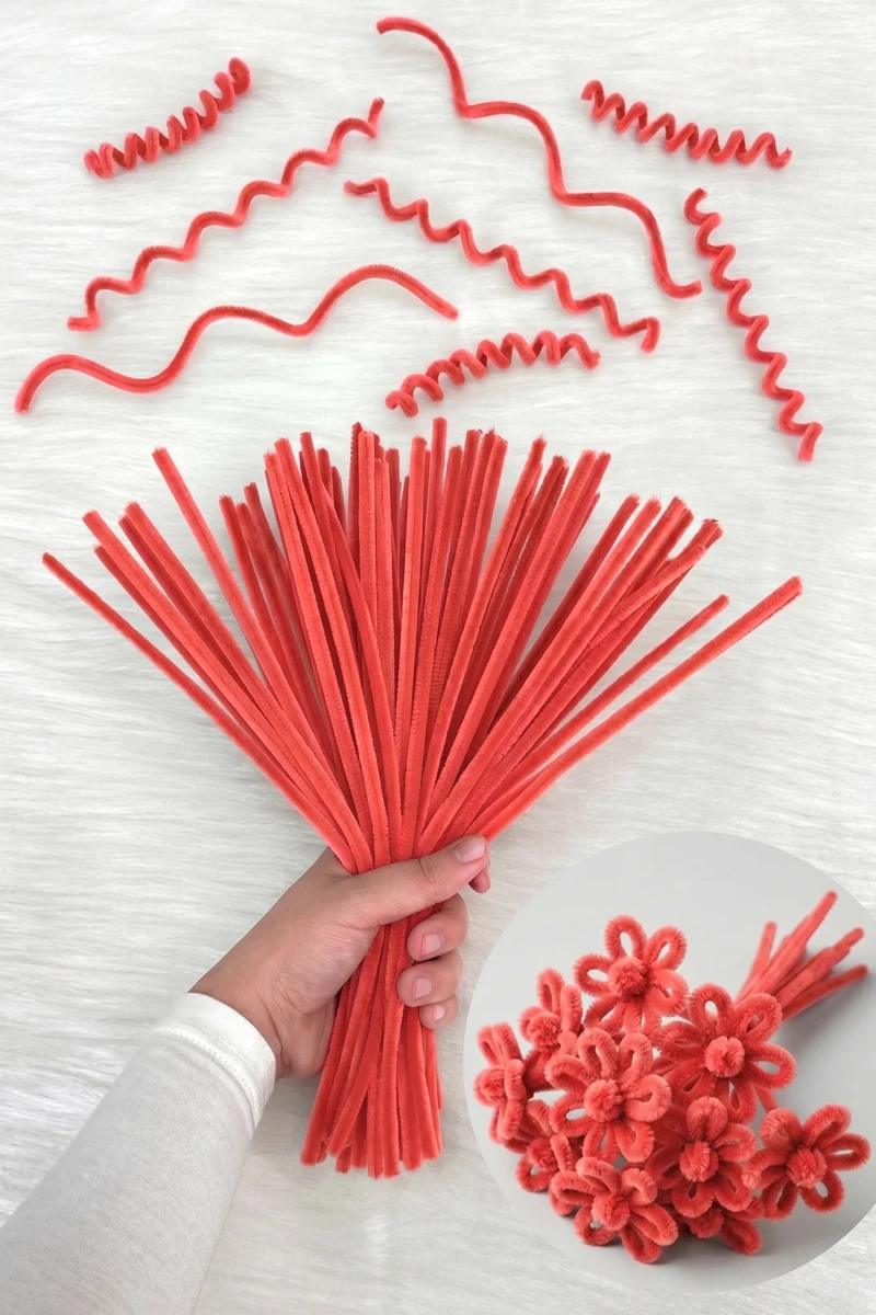 100 Adet Nar Çiçeği Şönil 30cm, Tüylü Peluş Kadife Tel, El İşi, Çiçek, Hediye, Süsleme, Okul, Etkinlik