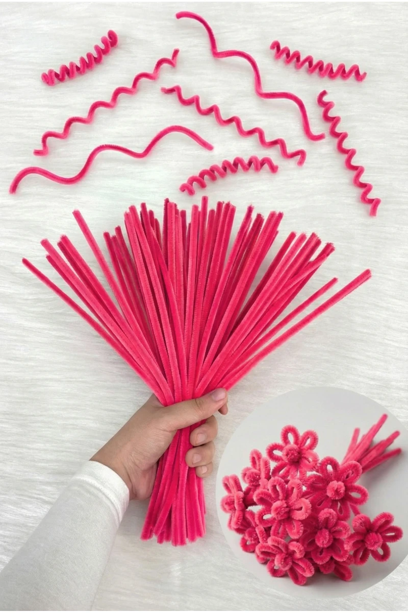 100 Adet Neon Pembe Şönil 30cm, Fosforlu Kadife Tel, El İşi, Çiçek, Hediye, Süsleme, Okul, Etkinlik