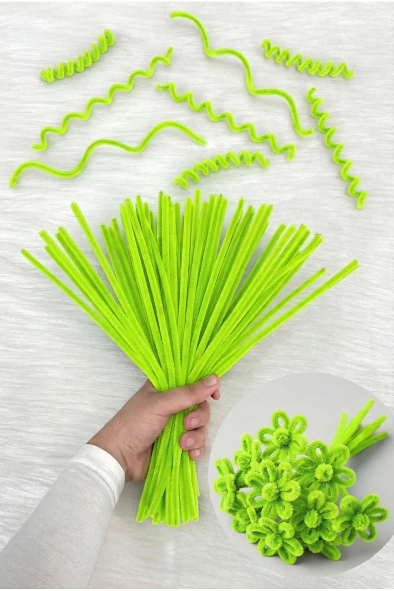 100 Adet Neon Yeşil Şönil 30cm, Fosforlu Kadife Tel, El İşi, Çiçek, Hediye, Süsleme, Okul, Etkinlik