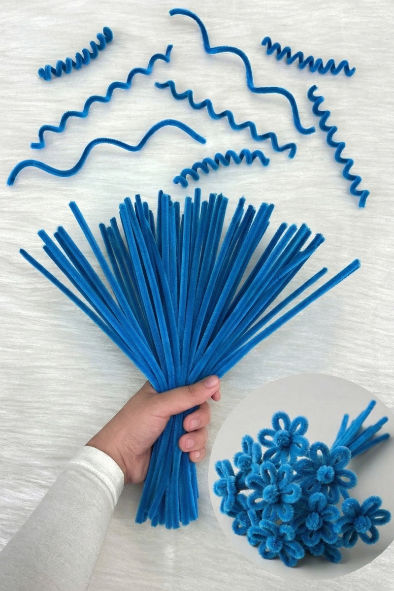 100 Adet Okul Mavi Şönil 30cm, Tüylü Peluş Kadife Tel, El İşi, Çiçek, Hediye, Süsleme, Okul Etkinlik