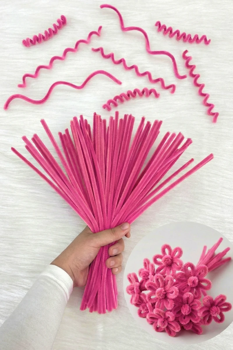 100 Adet Pembe Şönil 30cm, Tüylü Peluş Kadife Tel, El İşi, Çiçek, Hediye, Süsleme, Okul, Etkinlik