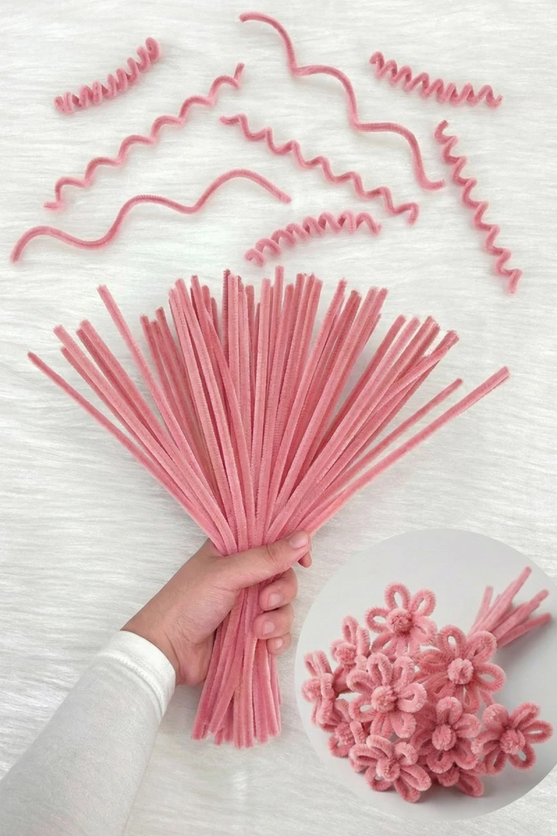 100 Adet Pudra Pembe Şönil 30cm, Tüylü Kadife Tel, El İşi, Çiçek, Hediye, Süsleme, Okul, Etkinlik