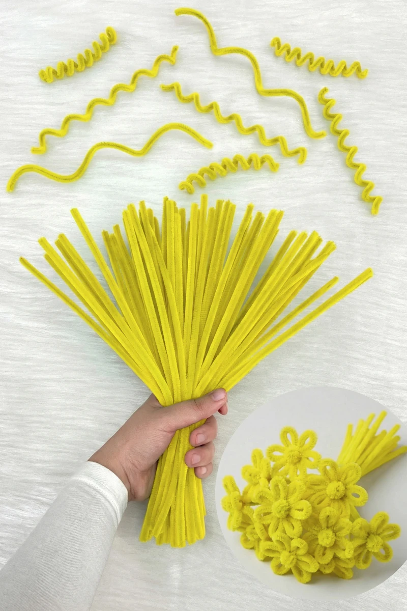 100 Adet Sarı Şönil 30cm, Tüylü Peluş Kadife Tel, El İşi, Çiçek, Hediye, Süsleme, Okul, Etkinlik