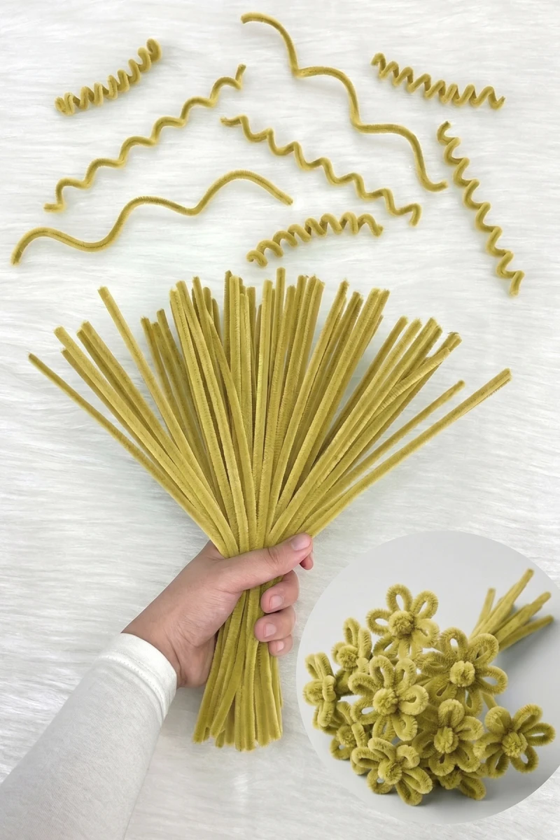 100 Adet Soft Gold Şönil 30cm, Tüylü Peluş Kadife Tel, El İşi, Çiçek, Hediye, Süsleme, Okul, Etkinlik