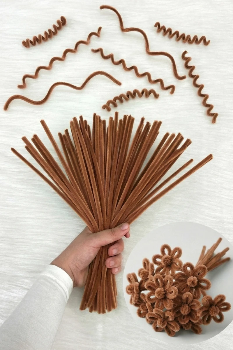 100 Adet Sütlü Kahve Şönil 30cm, Tüylü Peluş Kadife Tel, El İşi, Çiçek, Hediye Süsleme Okul Etkinlik