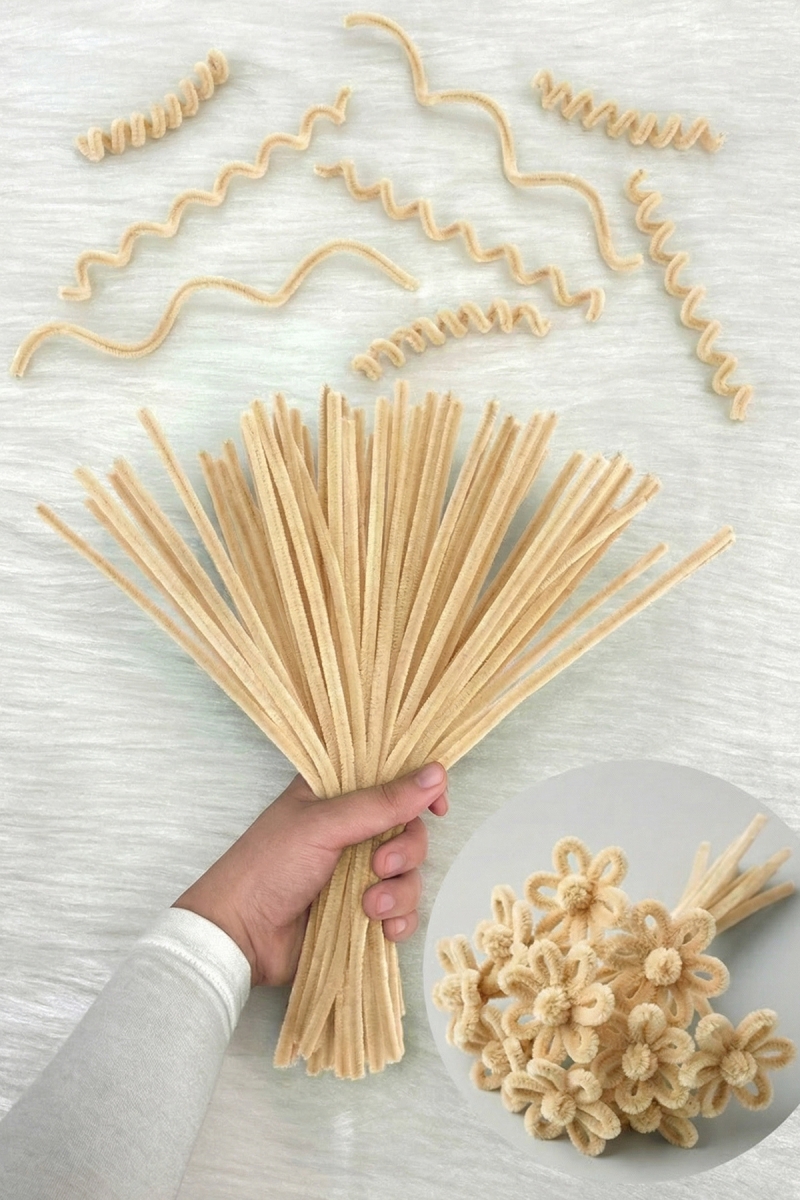 100 Adet Vanilya Şönil 30cm, Tüylü Peluş Kadife Tel, El İşi, Çiçek, Hediye, Süsleme, Okul, Etkinlik