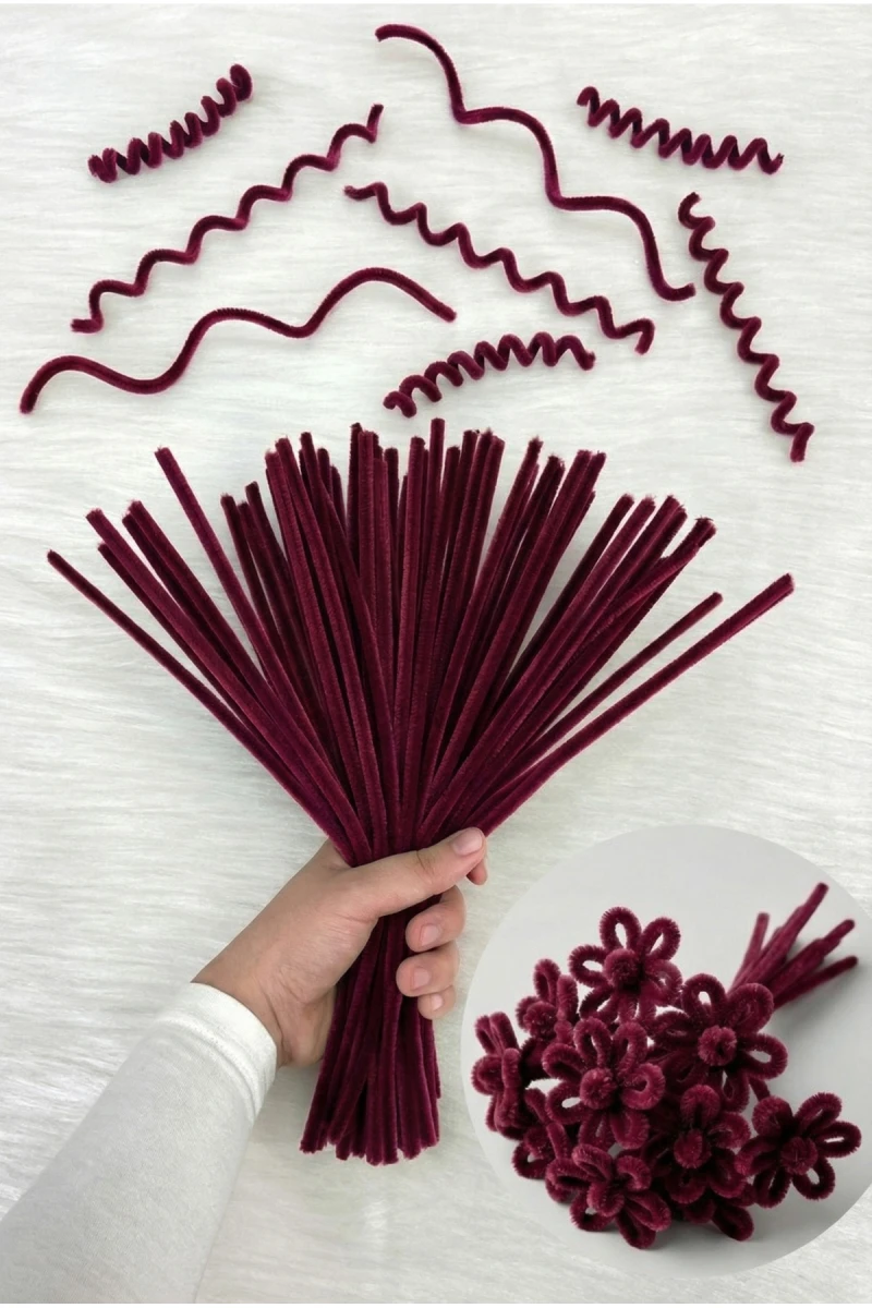 100 Adet Vişne Çürüğü Şönil 30cm, Tüylü Kadife Tel, El İşi, Çiçek, Hediye, Süsleme, Okul, Etkinlik