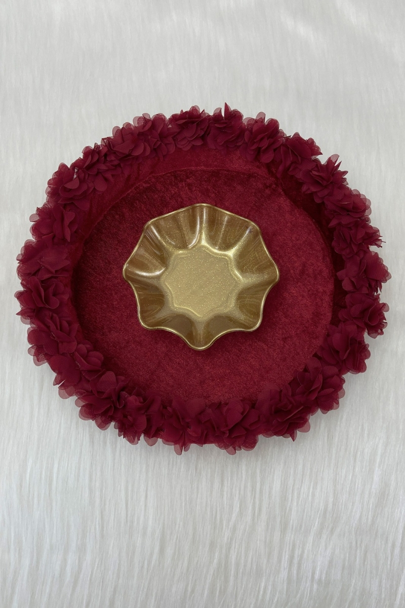 Bordo Gelin Kına Gecesi Tepsisi, Düğün, Sünnet, Kadife Üç Boyutlu Lazer Çiçek Süslemeli Tepsi