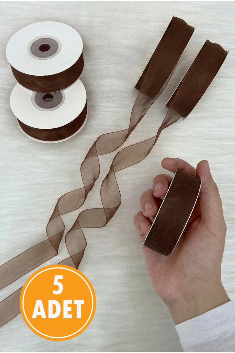 5 Adet Organze Tül Kurdele Acı Kahve 2 cm 22 mt, Bohça, Çeyiz, Hediye, Paketleme, Süsleme, Nikah