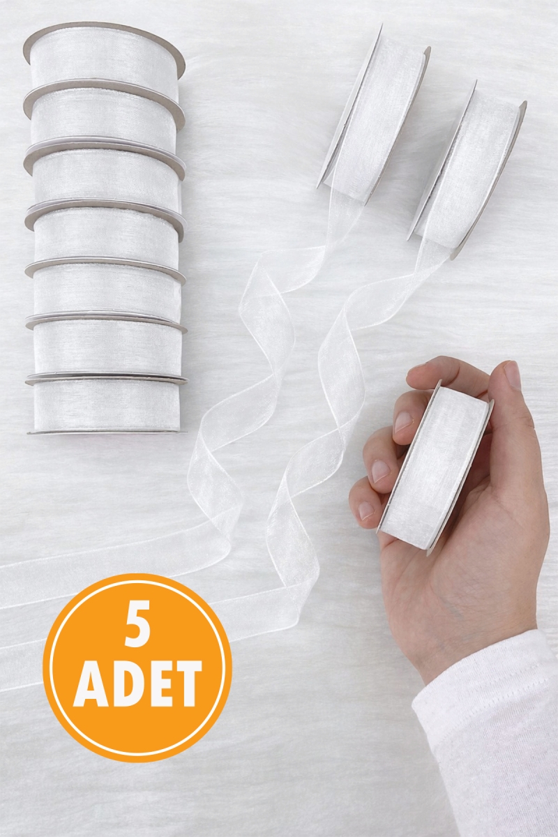 5 Adet Organze Tül Kurdele Beyaz 2 cm 22 mt, Bohça, Nişan, Çeyiz, Hediye, Paketleme, Süsleme, Nikah