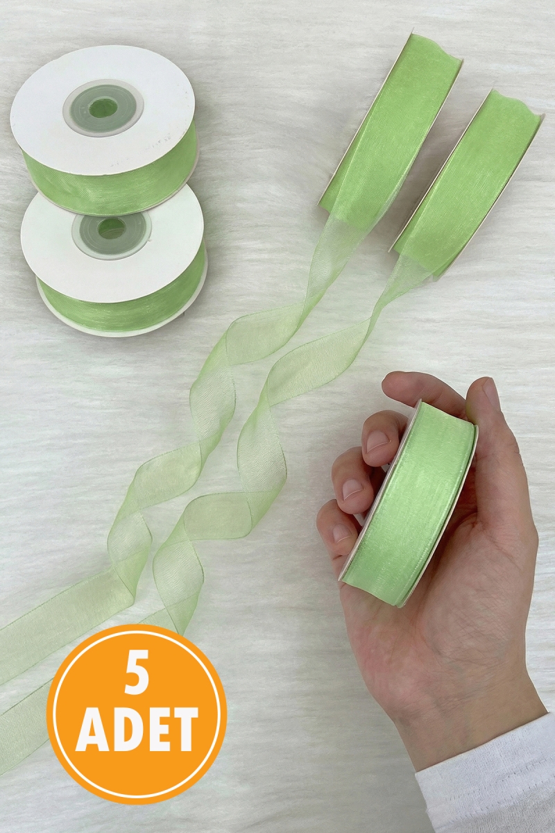 5 Adet Organze Tül Kurdele Fıstık Yeşili 2 cm 22 mt, Bohça, Çeyiz, Hediye, Paketleme, Süsleme, Nikah