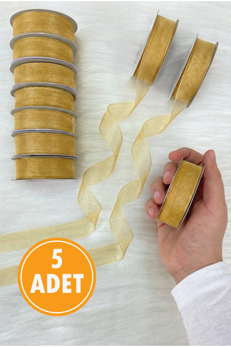 5 Adet Organze Tül Kurdele Gold 2 cm 22 mt, Bohça, Nişan, Çeyiz, Hediye, Paketleme, Süsleme, Nikah