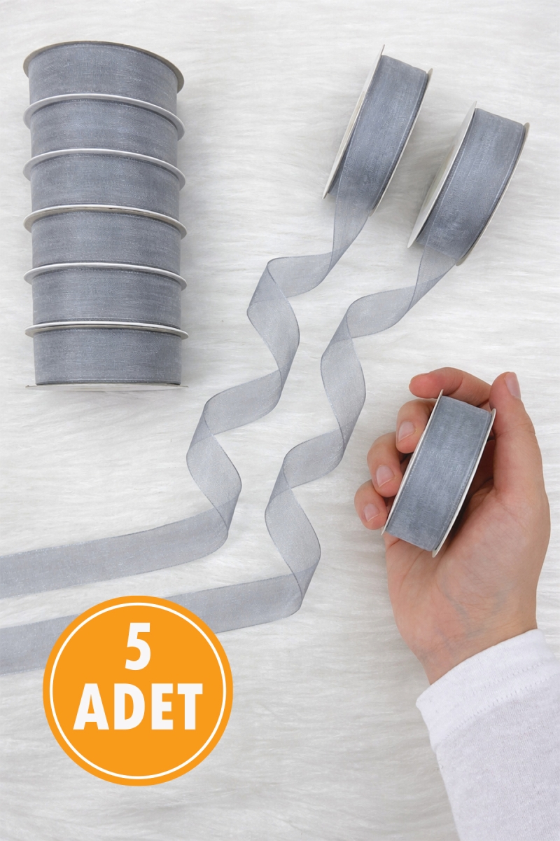 5 Adet Organze Tül Kurdele Gri 2 cm 22 mt, Bohça, Nişan, Çeyiz, Hediye, Paketleme, Süsleme, Nikah