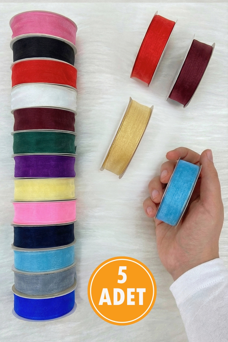 5 Adet Organze Tül Kurdele Karışık Renk 2cm 22mt, Bohça, Çeyiz, Hediye, Paketleme, Süsleme, Nikah