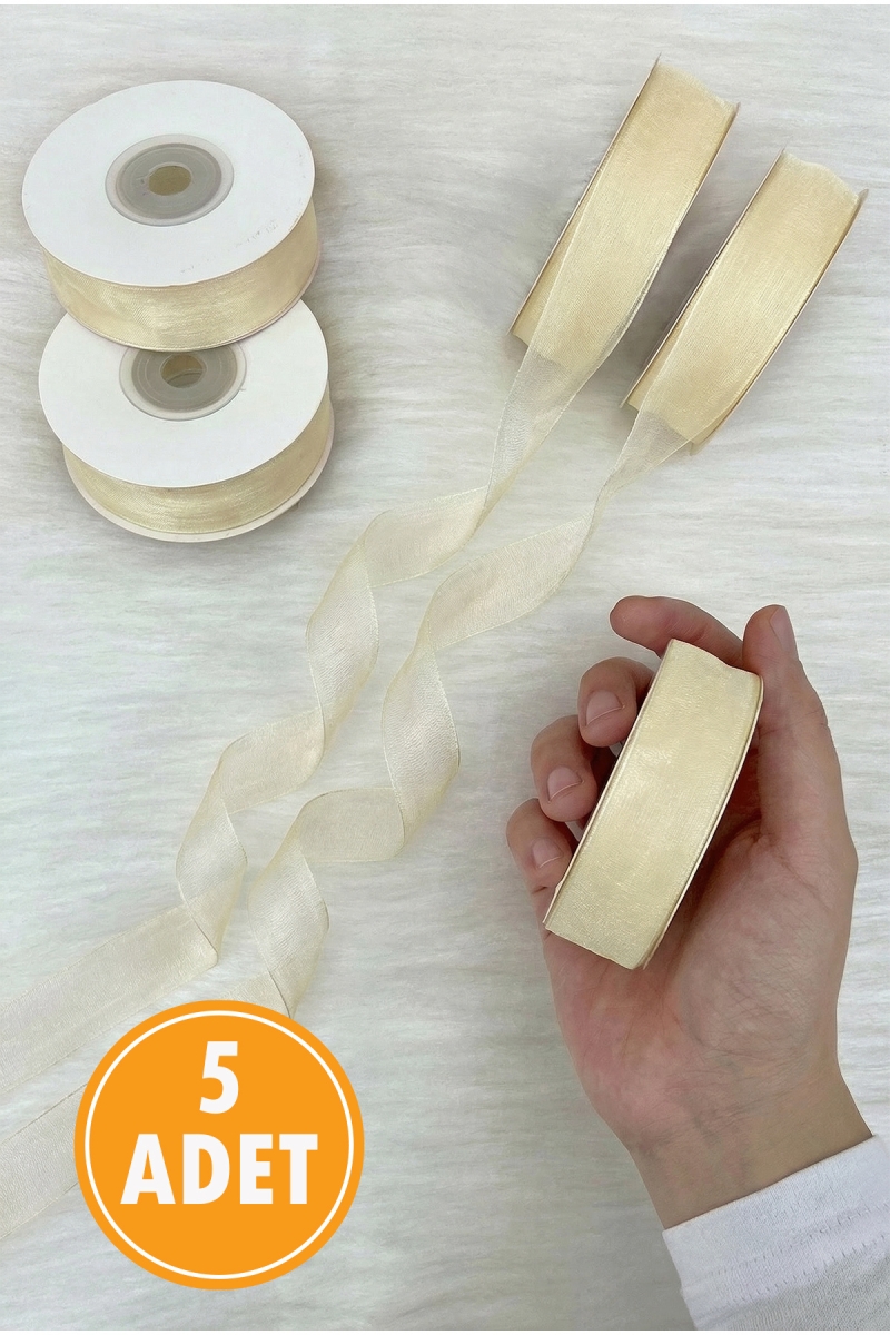 5 Adet Organze Tül Kurdele Krem 2 cm 22 mt, Bohça, Nişan, Çeyiz, Hediye, Paketleme, Süsleme, Nikah