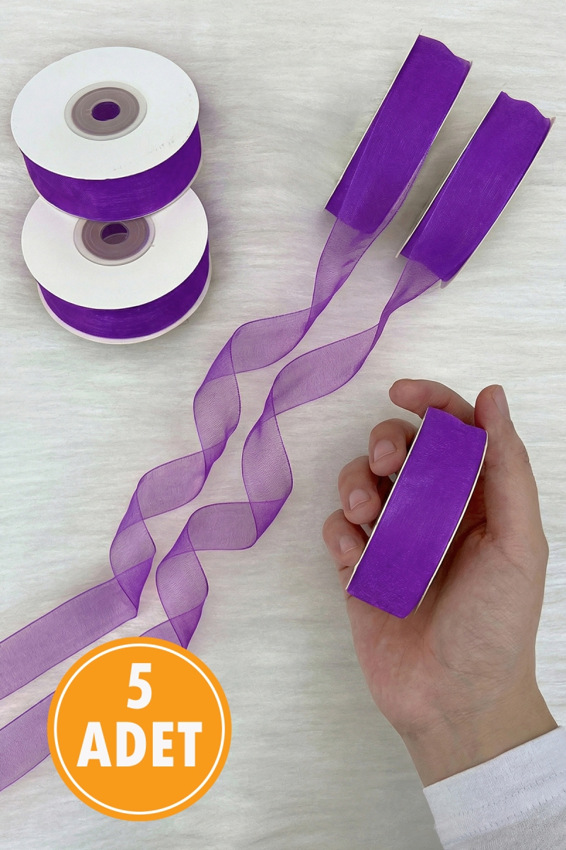 5 Adet Organze Tül Kurdele Lila 2 cm 22 mt, Bohça, Nişan, Çeyiz, Hediye, Paketleme, Süsleme, Nikah