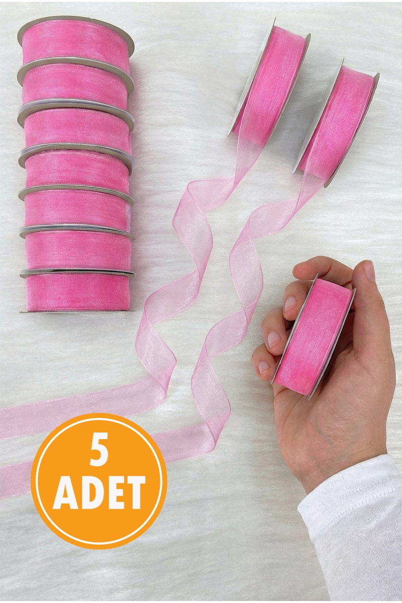 5 Adet Organze Tül Kurdele Neon Pembe 2 cm 22 mt, Bohça Nişan Çeyiz Hediye Paketleme Süsleme Nikah