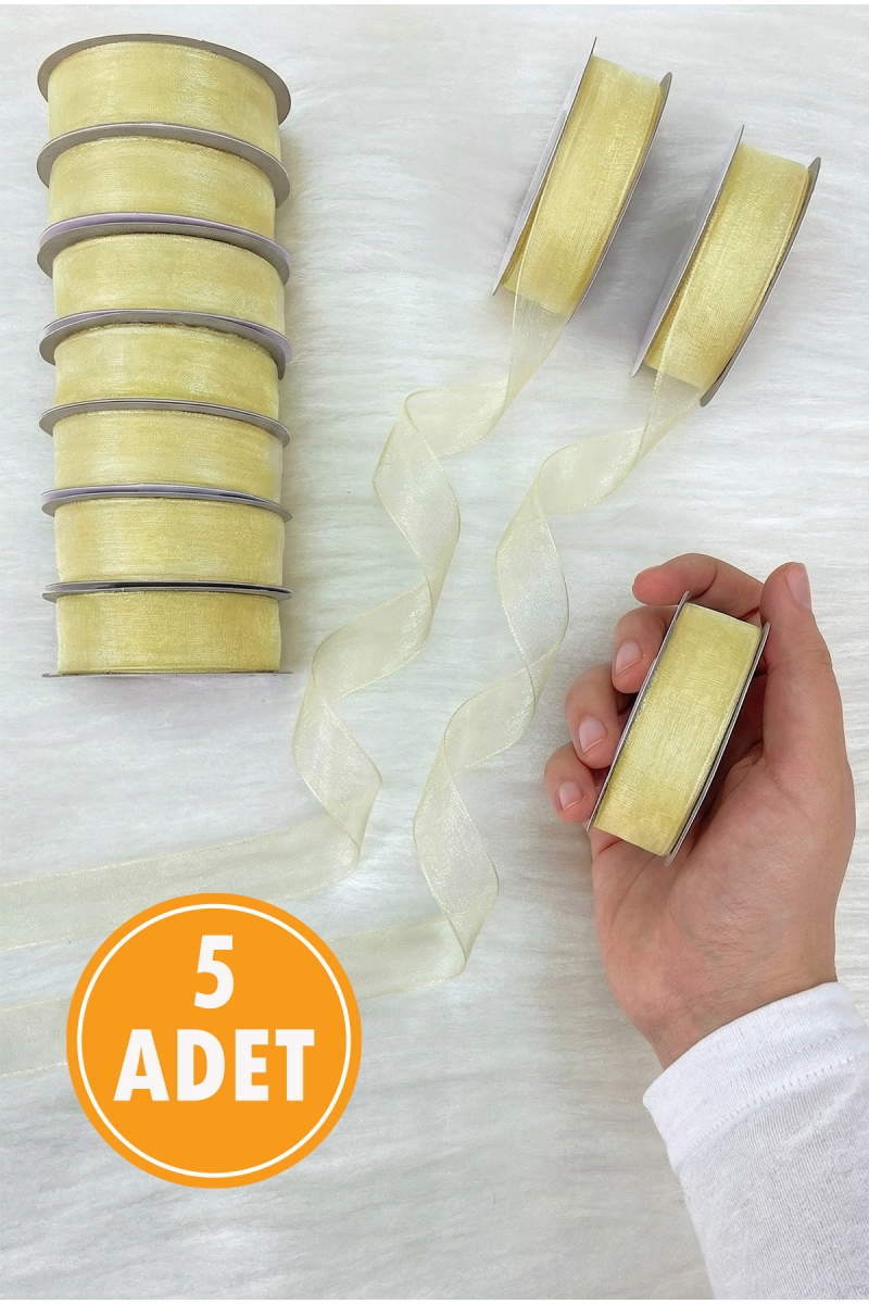 5 Adet Organze Tül Kurdele Pastel Krem 2cm 22mt, Bohça, Nişan, Çeyiz, Hediye Paketleme Süsleme Nikah