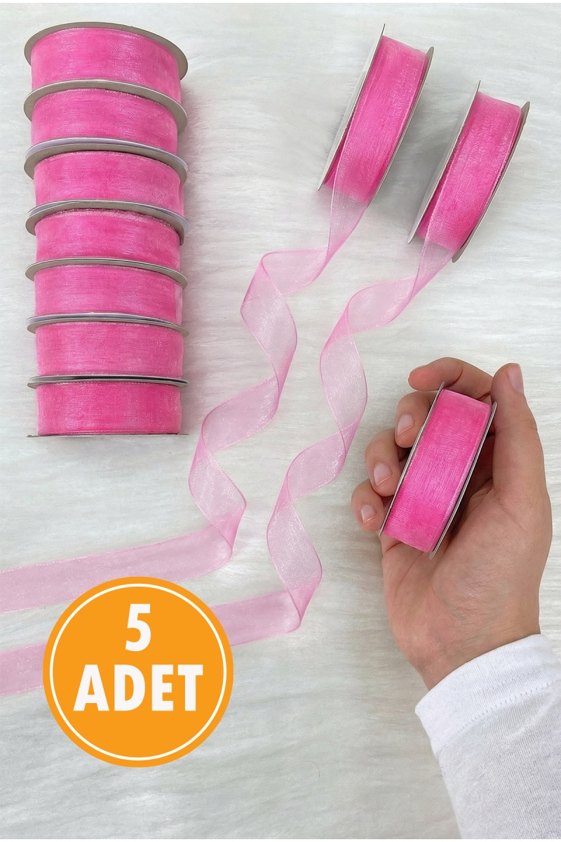 5 Adet Organze Tül Kurdele Pembe 2 cm 22 mt, Bohça, Nişan, Çeyiz, Hediye, Paketleme, Süsleme, Nikah