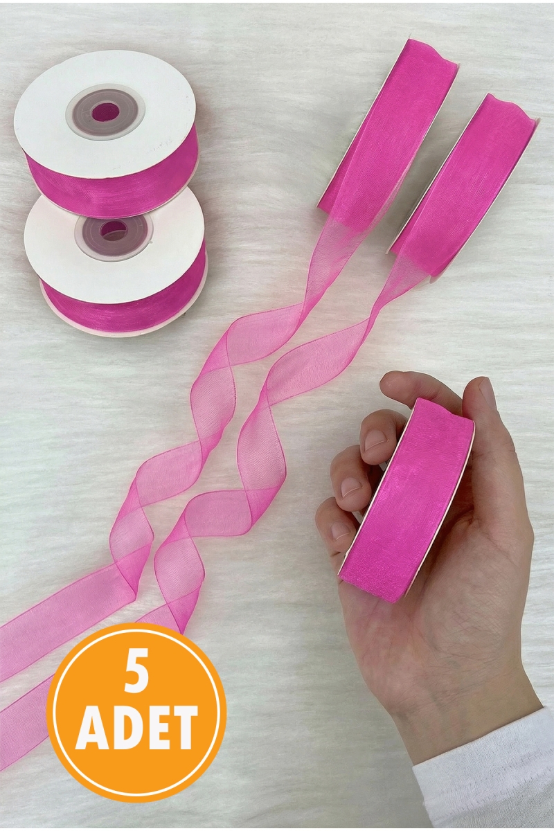 5 Adet Organze Tül Kurdele Şeker Pembe 2cm 22mt, Bohça Nişan Çeyiz Hediye Paketleme Süsleme Nikah